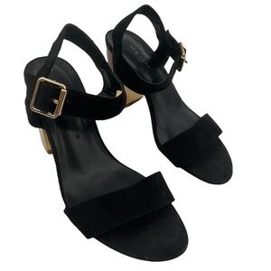 New Look Black Suede Gold Block Heel Sandals Size 5 Women’s